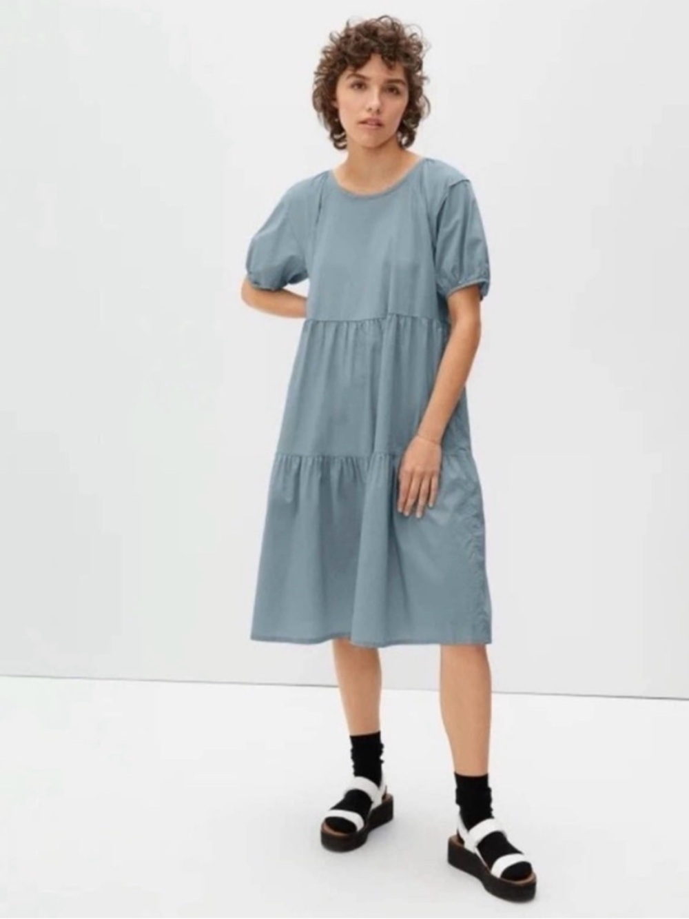 Everlane Tiered Short-Sleeve Midi Dress in Dusty Blue